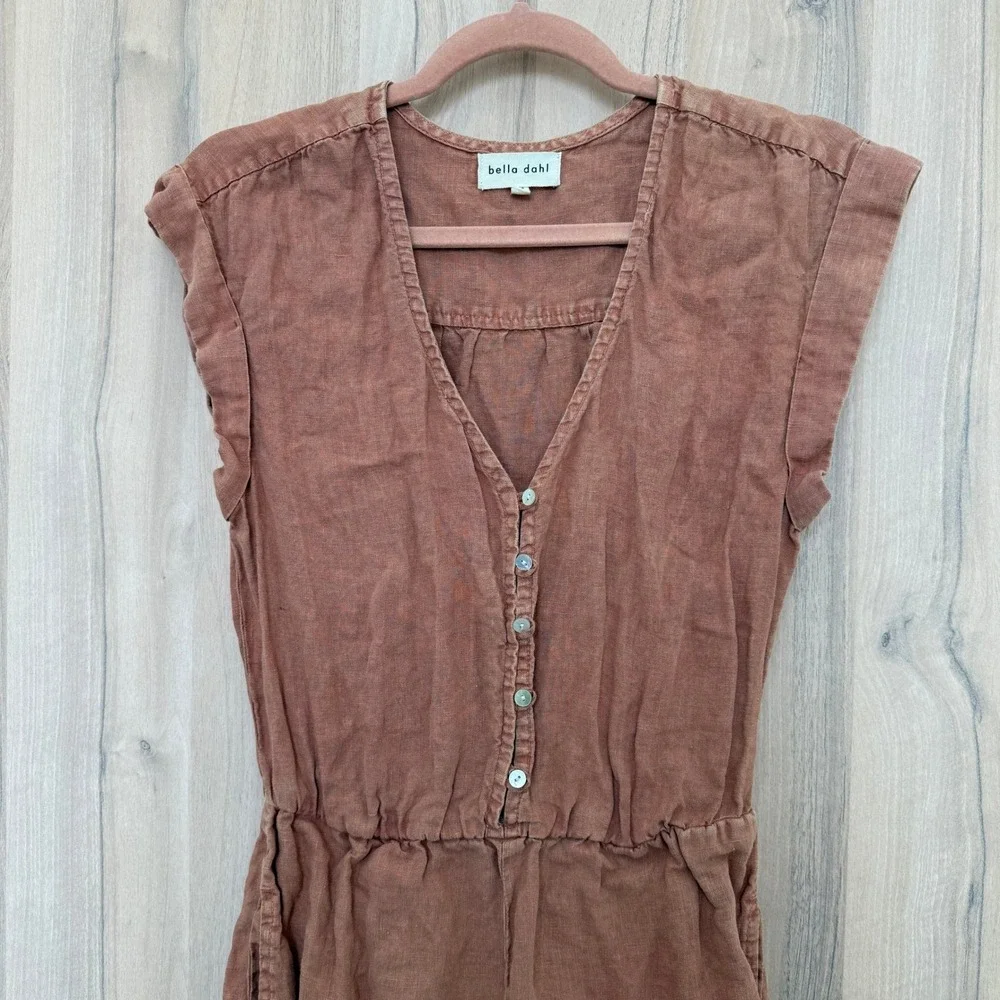 Bella Dahl Womens Linen Romper XS Brown Button Front Boho Earthy Minimal Coastal